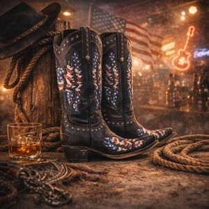 Lane Women's Old Glory Western Boots Size 10 B Snip Toe Black Patriotic Studded